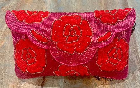 Hot Pink Seed Bead Floral Clutch