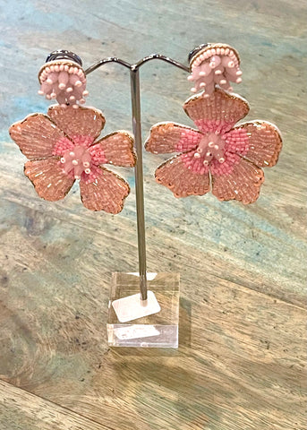 Pink Sparkling Seed Bead Flower Dangle Earrings