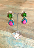 Emerald and Pink Diamante Drop Earrings