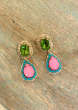 Emerald and Pink Diamante Drop Earrings