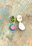 Emerald and Pink Diamante Drop Earrings